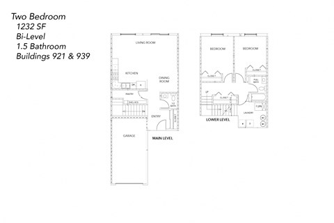 Floor plan for 2 beds, 1.5 baths, 1232 sqft